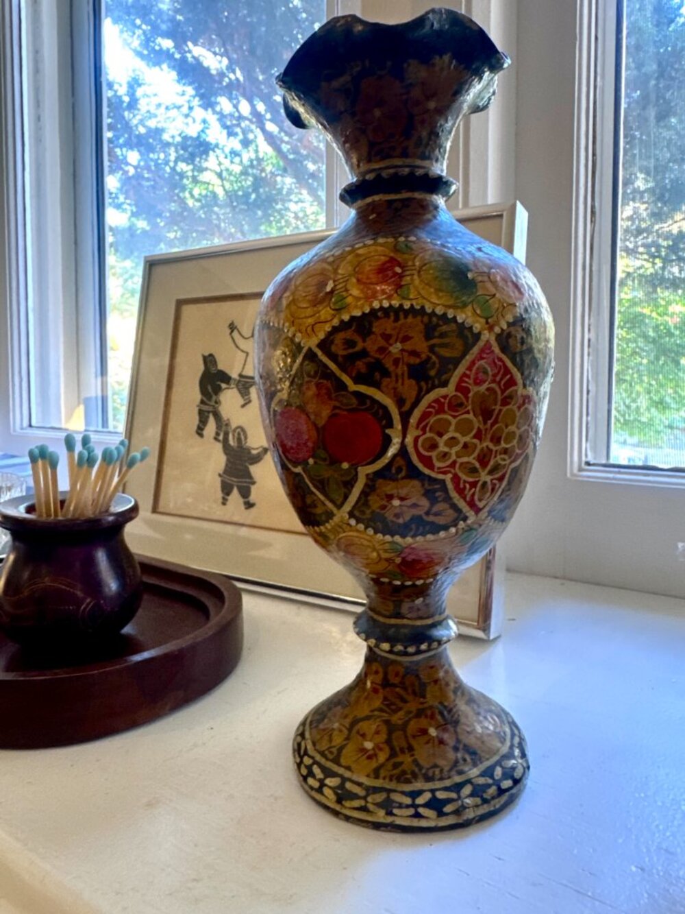 Vintage Kashmiri Papier-Mâché Vase | Hand-Painted Gold Floral